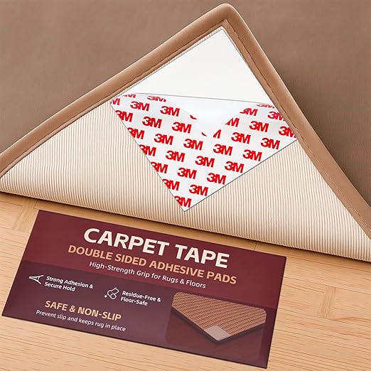 Carpet Tape Double Sided, Heavy Duty Rug Tape for Hardwood Floors, Non-Slip Carpet Adhesive Tape for Area Rugs, Strong Grip, No Residue