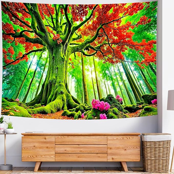 Delur Forest Tapestry Tree of Life Green Landscape Rainforest Wall Hanging Tapestry Colorful Mystical Nature Spiritual Psychedelic Headboard for Bedroom Living Room Home Decor (51.2" x 59.1")