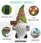 Solar Gnomes Garden Statues,Resin Gnome Figurine Holding Welcome Card and Bird with Solar Lights, Outdoor Gnomes Decorations for Yard Patio Lawn Porch, Garden Gifts