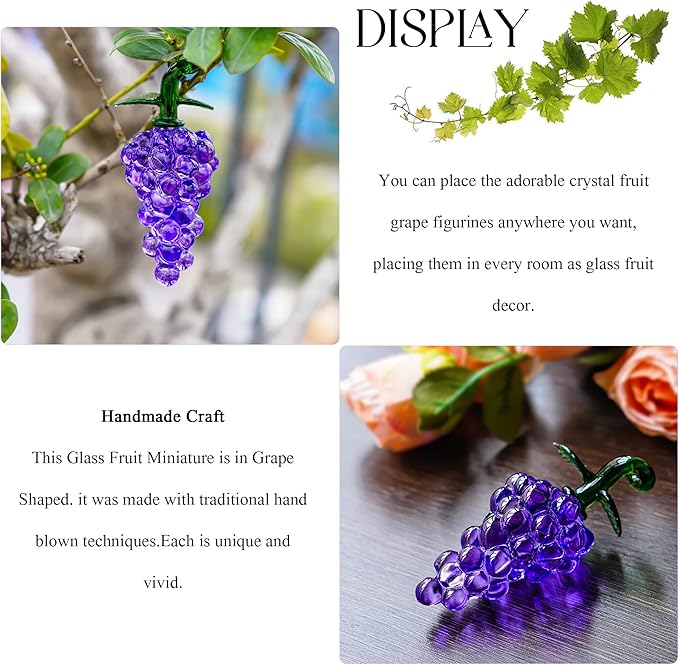 Handmade Glass Purple Grape Figurine Collectibles Crystal Fruit Ornament Decoration Art Glass Grape Miniature for Home Office Birthday for Mum