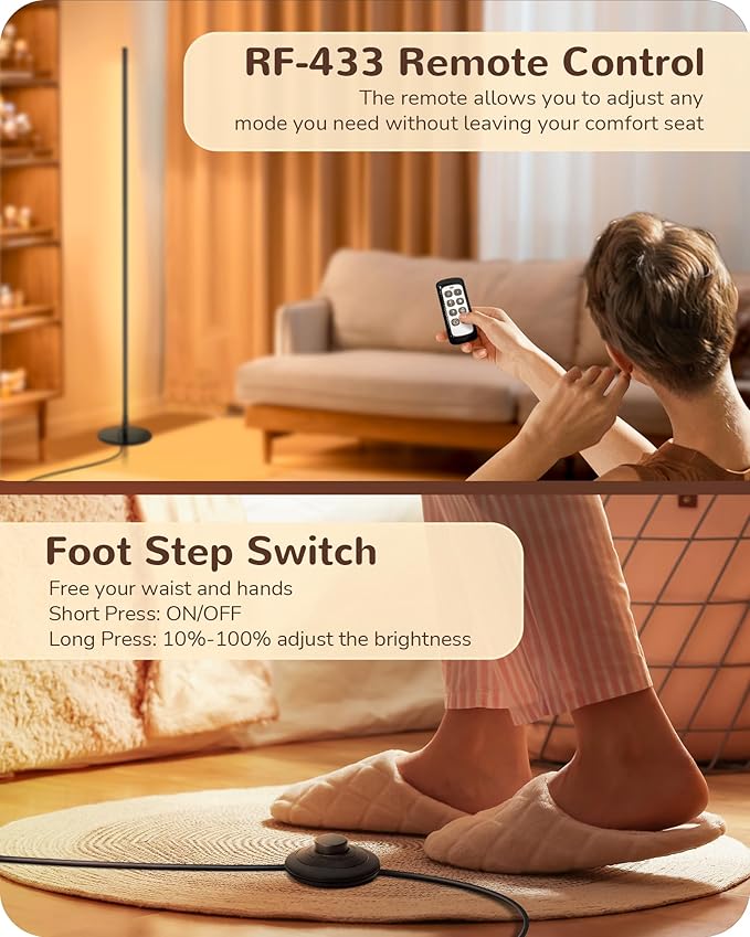 EDISHINE Floor Lamps for Living Room, Remote Control & Foot Switch Corner Floor Lamp, 10%-100% Dimmable Standing Lamp with 7 Color Temperature, 57.5" Tall Floor Lamp for Bedroom, Office, Black