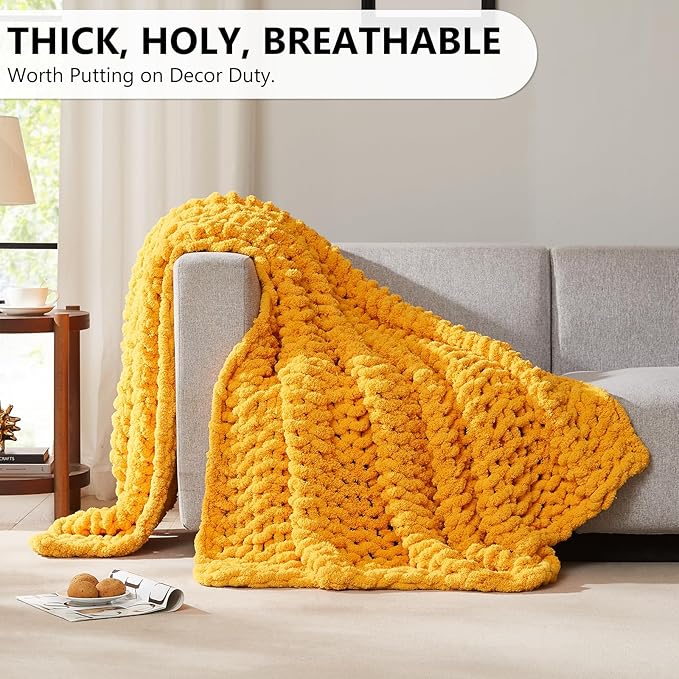 L'AGRATY Chunky Knit Blanket Throw - Soft Chunky Throw Blanket 30x40: 100% Hand Kintted Chenile Crochet Throw Blanket for Couch - Large Cable Knit Chunky Blanket for Home Decor(Mustard Yellow)