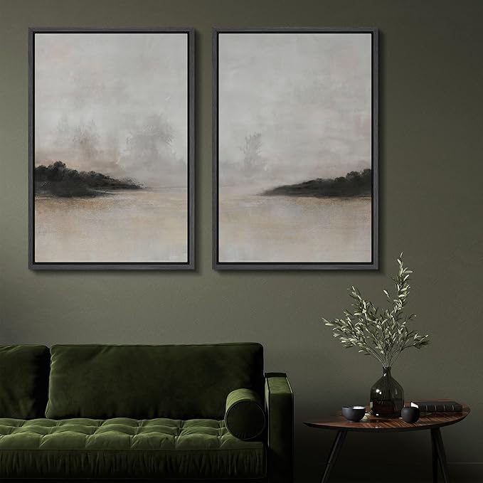 SIGNFORD Framed Canvas Print Wall Art Set Misty Horizon Soft Neutral Toned Landscape Illustration Modern Art Decorative Nordic Nature for Living Room, Bedroom, Office - 24"x36"x2 Black