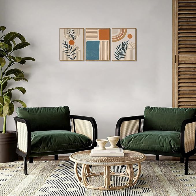 Bwodke Framed Boho Canvas Wall Art Mid Century Modern Prints Set of 3 Neutral Geometric Line Leaf Paintings Decor Minimalist Abstract Pictures Bedroom Living Room Bathroom