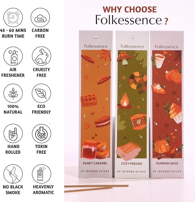 Folkulture Incense Sticks | Set of 6 (120 Fall Incense Sticks) | Non Toxic Fall Scents with 45 Min Burn Time | Pumpkin Spice, Apple Orchard, Caramel, Vanilla | Organic Inscent for Fall Essentials