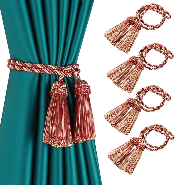 Fenghuangwu Curtain Tiebacks Handmade Decorative Curtain Holdbacks Rope with Tassel (Mix red, 4P)