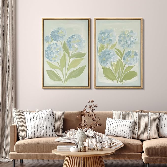 SIGNFORD Framed Canvas Print Wall Art Set Soft Hydrangea Pair Light Blue Florals with Green Leaves Illustration Modern Art Decorative Nature for Living Room, Bedroom, Office - 24"x36"x2 Natural