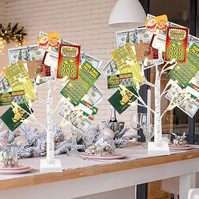Vanthylit Money Tree Gift Holder Set of 2, 24 LED Warm White Lights Battery Powered Timer, with Clips and Greeting Cards, Gift Holder Decor for Photo Mother's Day Christmas Graduation Gifts
