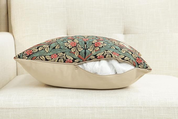 Charlotte Home Furnishings Pimpernel Red Green Floral Throw Pillow Cover 18” x 18” – Double-Sided Tapestry Cushion Cover for Couch, Sofa, or Bed | 100% Cotton Jacquard Woven in Europe