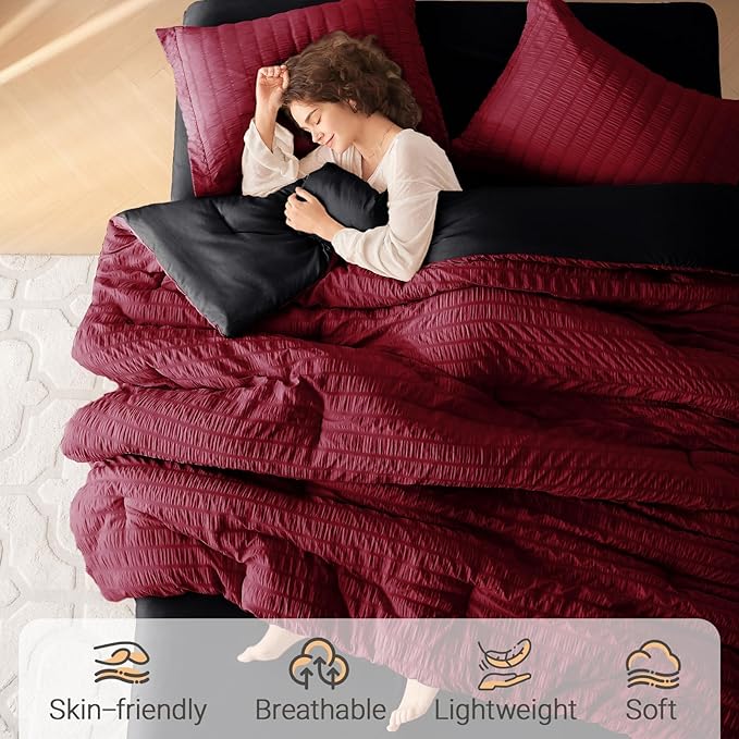 MUXHOMO 7 Pieces Queen Comforter Set, Seersucker Bed in a Bag Queen Size, All Season Luxury Bedding Set with Comforter, Flat Sheet, Fitted Sheet, Pillowcases & Shams, Red & Black