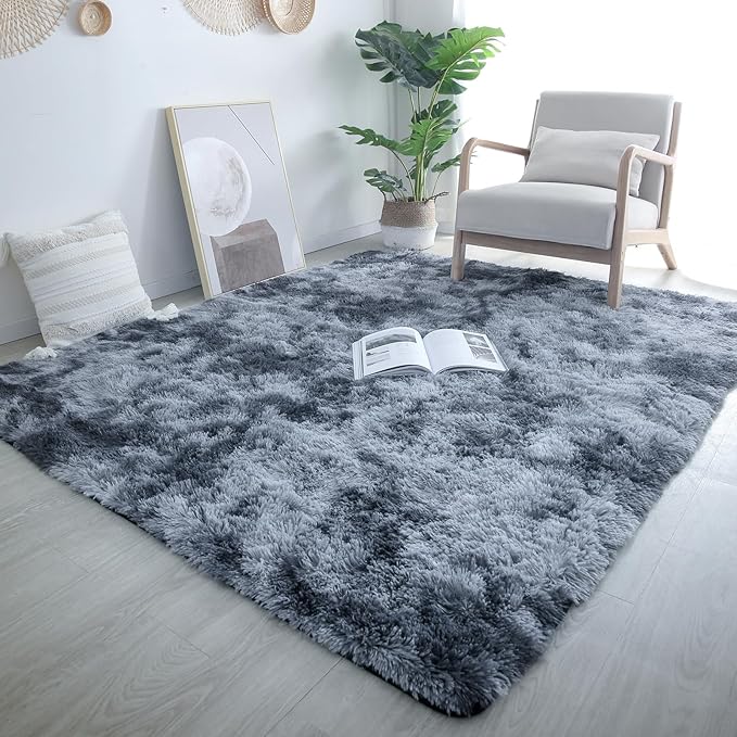 Area Rug 9x12 for Living Room - Large Shag Soft Grey Rug for Bedroom - Modern Non-Slip Plush Fuzzy Floor Carpet Tie-Dyed Dark Gray