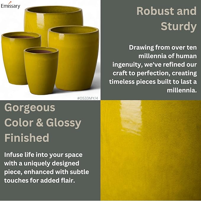 Emissary Home and Garden Bullet 11.5 in. Mustard Yellow Ceramic Round Planter (11.5 in. L x 11.5 in. W x 14 in. H) with Drainage Hole