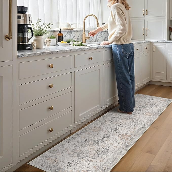 GENIMO Runner Rug 3x7, Non Slip Vintage Hallway Runner Rugs, Low Pile Lightweight Machine Washable Mat for Hallway, Entryway, Bedroom, Kitchen and Corridor, Light Taupe Brown