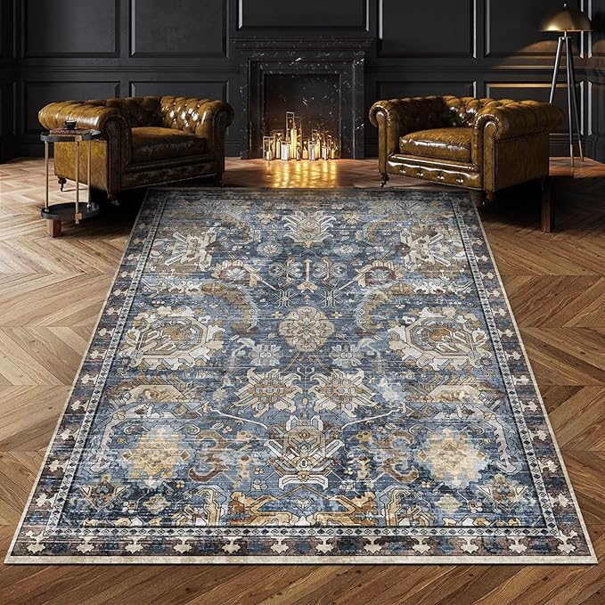 RUGSURE Washable Area Rugs - Perfect for Living Room, Bedroom, Kids Room, Nursery - Stain & Water Resistant Non-Slip, Pet & Child Friendly, Vintage Tribal Area Rugs (Navy, 6' x 9')