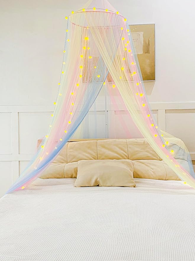 Comtelek Mosquito Net Bed Canopy for Girls,Rainbow Canopy Bed Curtains Full Queen Size from Ceiling,Dome Mosquito Netting Bed Tent Twin Girls Princess Canopy King Bed Decor