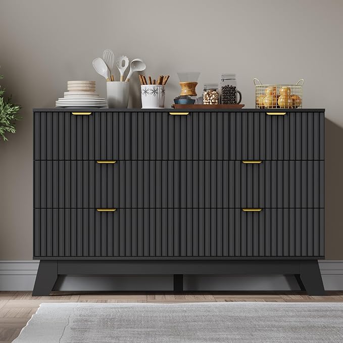 Fluted 7 Drawer Dresser, 47.2" Wide Modern Boho Chest of Drawers, Wooden Storage Dresser TV Stand for Bedroom, Living Room, Closet, Hallway, Curved Profile Design