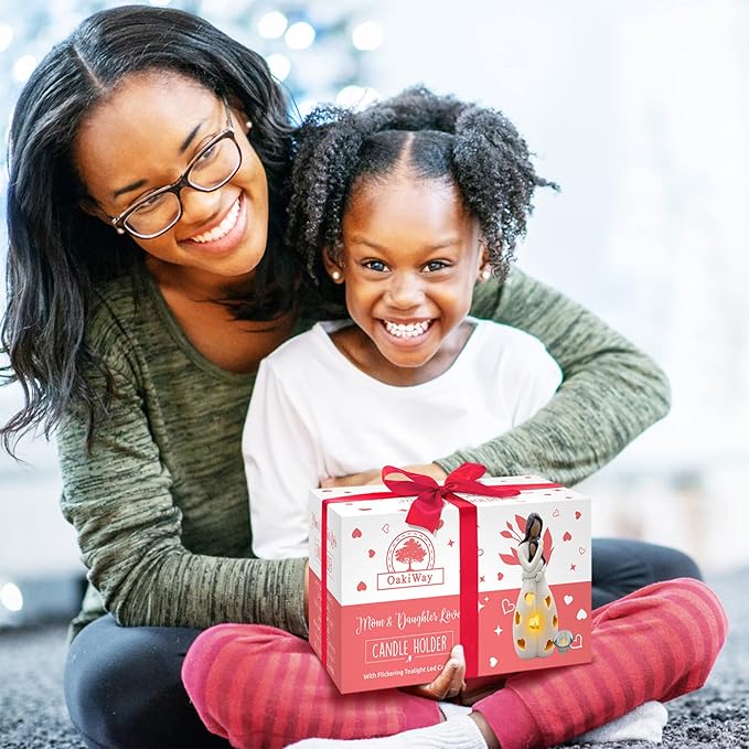 OakiWay Mother-Daughter Love Candle Holder Statue with Flickering LED Candle | Hand-Painted (Dark) - Unique Gifts for Mother's Day, Christmas, Birthday | Greeting Card Included