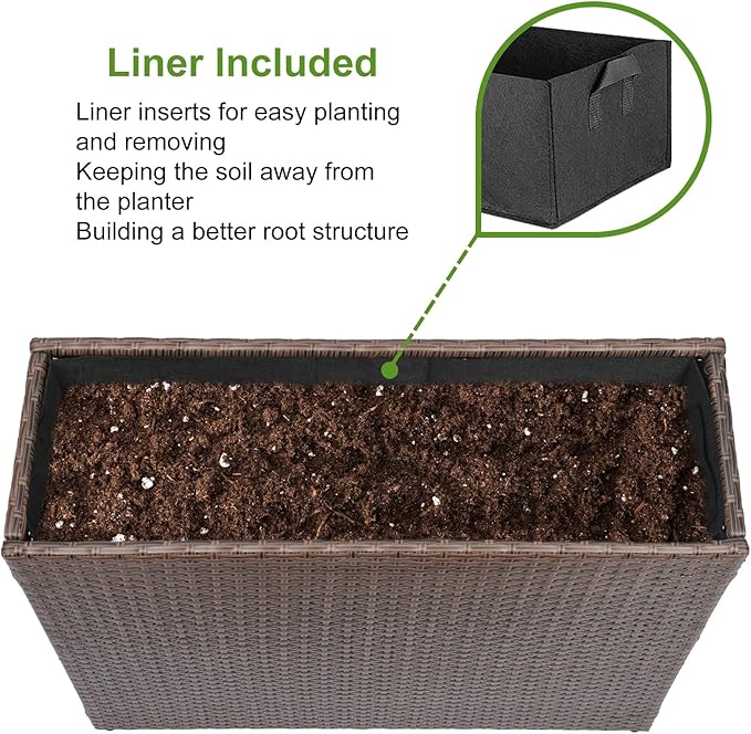 LEWIS&WAYNE Tall Planters for Outdoor Plants Handmade Wicker Large Rectangular Block Planter Box with Removable Liners Modern Planter for Indoor Outdoor Patio Deck - Brown