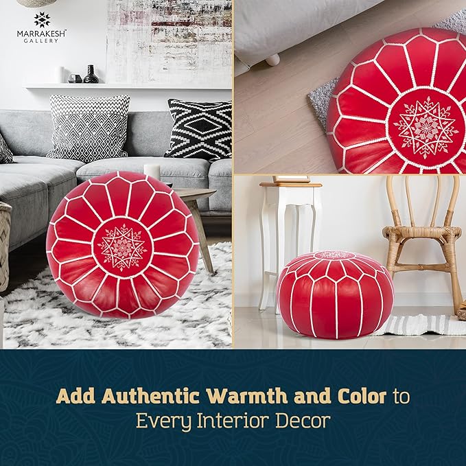 Marrakesh Gallery Genuine Leather Round Pouf Unstuffed - Moroccan Ottoman Footstool, Footrest Cover - Boho Decor - Bohemian Living Room, Bedroom, Kids Room, Gift & Wedding