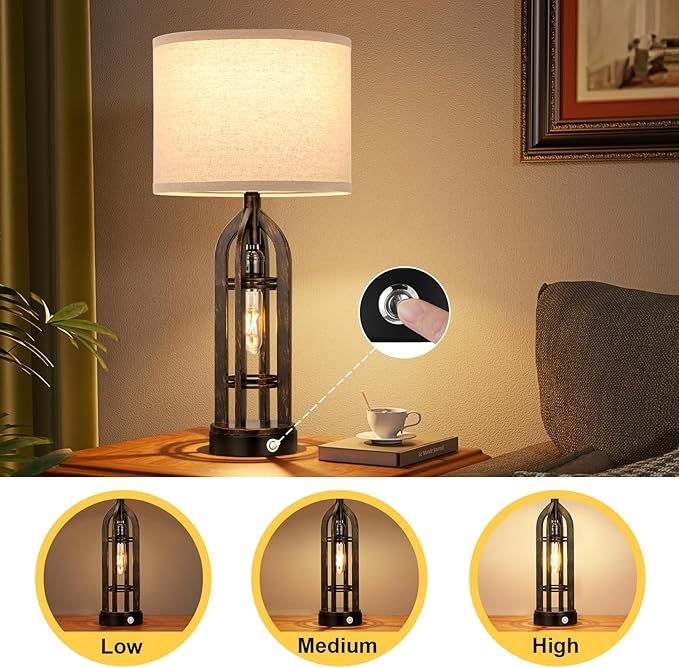 Seealle Table Lamp for Living Room Set of 2 - Copper Bedside Lamp for Bedroom with USB C+A & Outlet, Farmhouse Lamps for Night Stands, 3-Way Dimmable Touch Lamps for Living Room