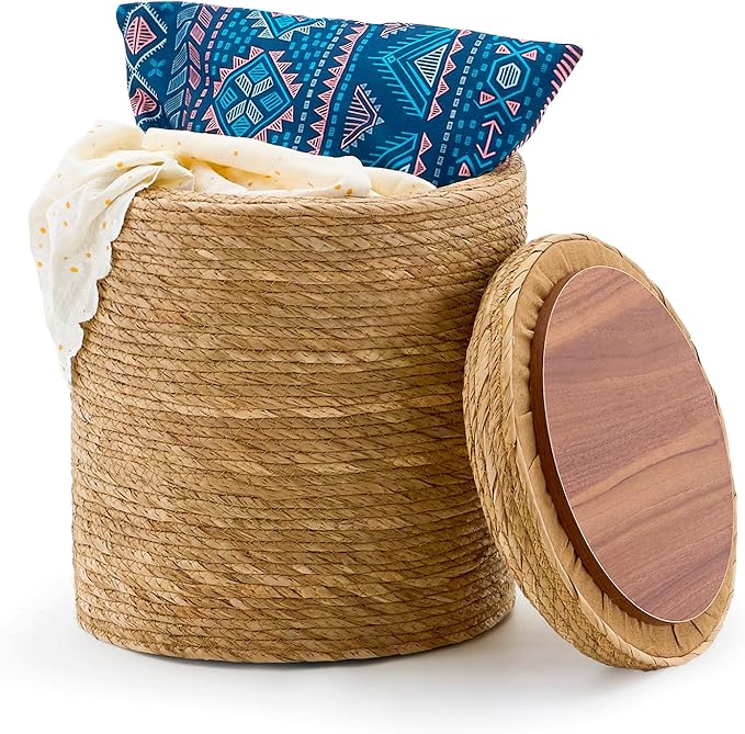 Wimarsbon Round Pouf Ottomans, Handwoven Natural Water Hyacinth Seagrass Pouffe,Outdoor Rattan Stool Accent Seat, Bohemian Coastal Home Decor (Storage - 14inch Natural Cattail)