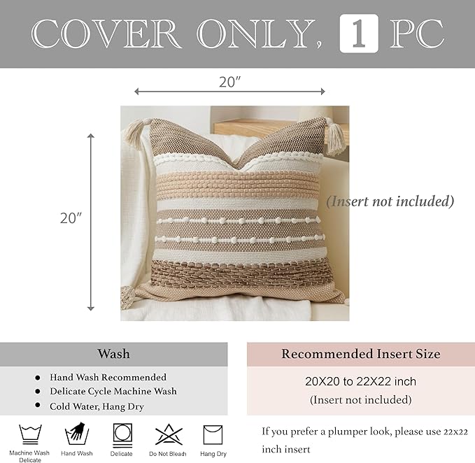 BlissBlush Brown Decorative Throw Pillow Cover 20x20 Square Boho Accent Pillowcase Tassels Farmhouse Cushion for Couch Sofa Bedroom Livingroom Home Décor Cover ONLY (Pack of 1)
