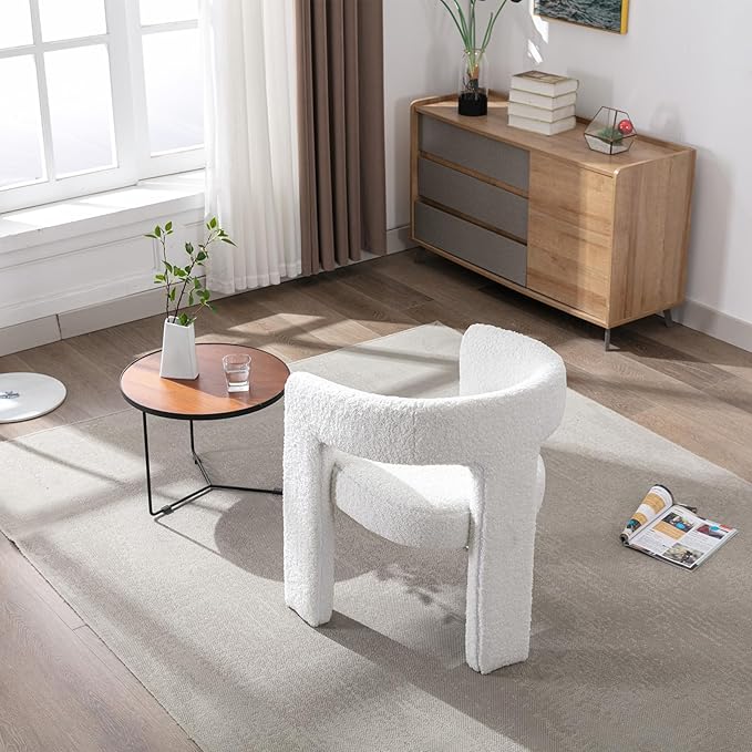 White Boucle Dining Chairs Set of 2, Modern Barrel Dining Room Chairs Upholstered Faux Fur Accent Chair with Arms and Round Back for Living Room Kitchen Armchair No Assembly Needed