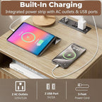 Nightstands with Charging Station, Modern Fluted 2 Drawers End Tables, Side Tables with Storage Shelf for Bedroom, Office, Natural Oak