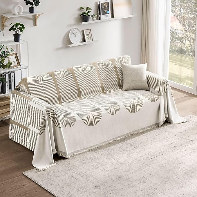 Couch Cover Boho for Dogs Washable Mocha Couch Covers for 2 Cushion Couch, Chenille Sectional Couch Covers L Shape Sofa Cover, Furniture Protector for Kids, Pets, Mocha 71" X134"