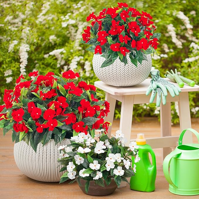 Uqueeten15.7” Fall Decorations for Home Fake Fall Flowers Fake Plants Artificial Impatiens Bouquet Flowers for Outdoors Silk Faux Flowers Impatiens Plants Decor Indoor Planters 8PCS (Red)