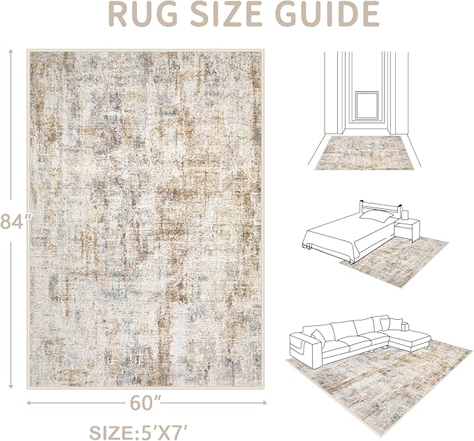 Area Rugs 5x7 Living Room: Washable Rug Modern Abstract Rugs Soft Non Slip Neutral Rug Stain Resistant Indoor Carpet for Bedroom Kitchen Dining Room Nursery Home Office Rugs(Blue Brown,5'x7')