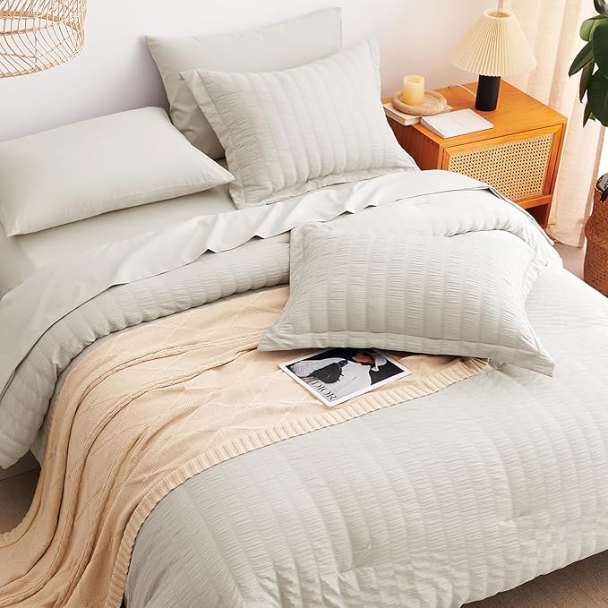 CozyLux Full Size Comforter Sets with Sheets Seersucker 7 Pieces Beige Bed in a Bag Textured Luxury Soft Bedding Set with Down Alternative Comforter, Sheets, Pillowcases & Shams for All Seasons