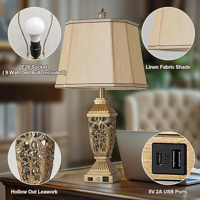 AIDENOEY 27.5“ Farmhouses Table Lamp with USB & USB-C Charging Ports, 3-Color Dimmable & Stepless Bottom Dimming, Touch Control & Switch, Vintage Bedside Lamp for Bedroom Living Room Office,(Brown)