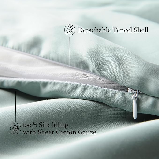 CUDDLE DREAMS Lightweight Silk Filled Comforter for Summer, Detachable Tencel Duvet Cover for Easy Care, Naturally Breathable (Celadon, Queen)