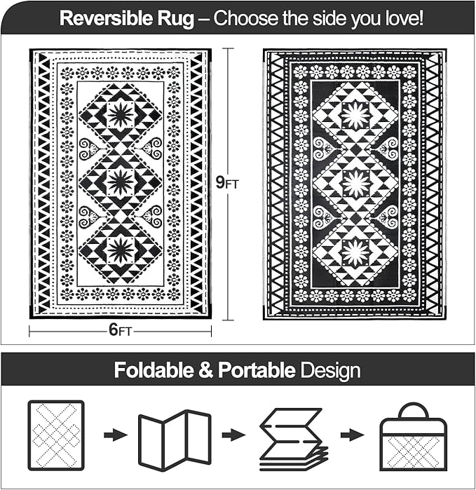 Waterproof Outdoor Rug 6x9ft, Reversible Plastic Straw Mat Rugs for Patio RV Deck Porch Backyard Balcony Camping Picnic Beach Indoor Outdoor Carpet, Black&White