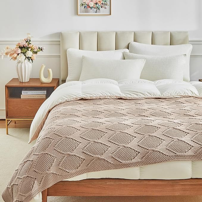 Longhui bedding Chunky Cotton Knit Throw Blanket for Couch, Sofa, Bed, or Chair, Decorative Breathable Fall Cable Knit Blanket 51 x 63 Inches, Pink Rose