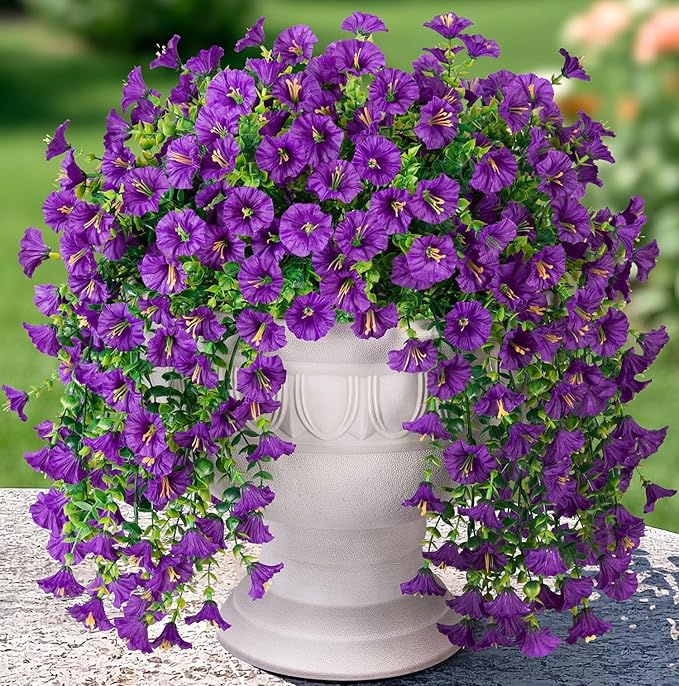 Artificial Faux Hanging Flowers Plants for Outdoor Decor,2 PCS Fake Silk Morning Glory with Eucalyptus UV Resistant Realistic Trailing Vine for Wall Home Porch Patio Balcony Yard Indoor Decor, Purple