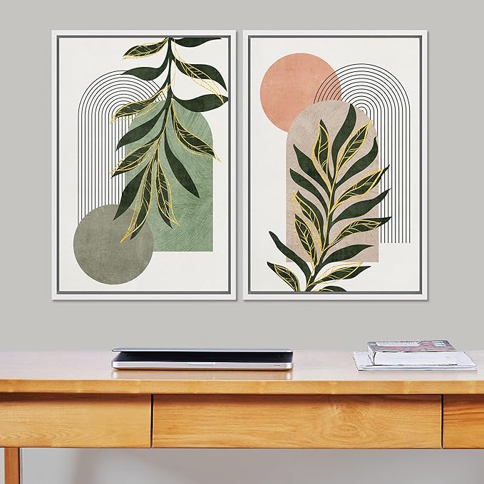 SIGNFORD Framed Canvas Print Wall Art Set Jungle Palm Leaf Geometric Polygons Abstract Shapes Illustration Modern Art Decorative Nordic Nature for Living Room, Bedroom, Office - 16"x24"x2 White