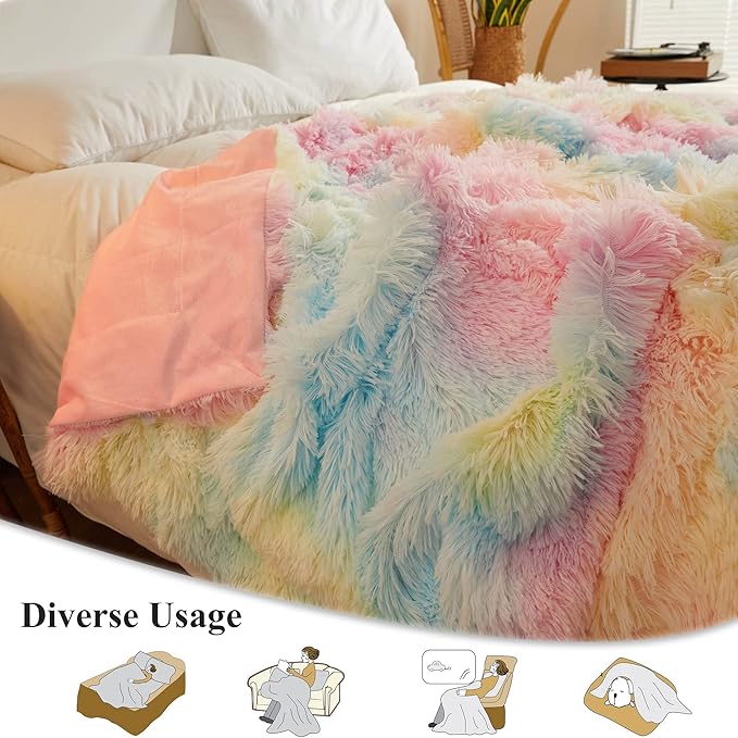 XeGe Luxury Faux Fur Blanket, Rainbow Soft Big Fluffy Throw, Shaggy Plush Decorative Couch Throw, Cute Furry Fuzzy Blanket for Bed Bedroom Living Room Rainbow, 60x90