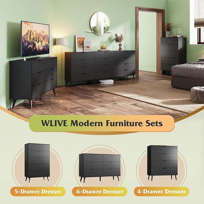 WLIVE 4 Drawer Dresser for Bedroom, Black Tall Dresser, Modern Wood Dressers with Sturdy Metal Handle, Small Chest of Drawers for Living Room, Hallway