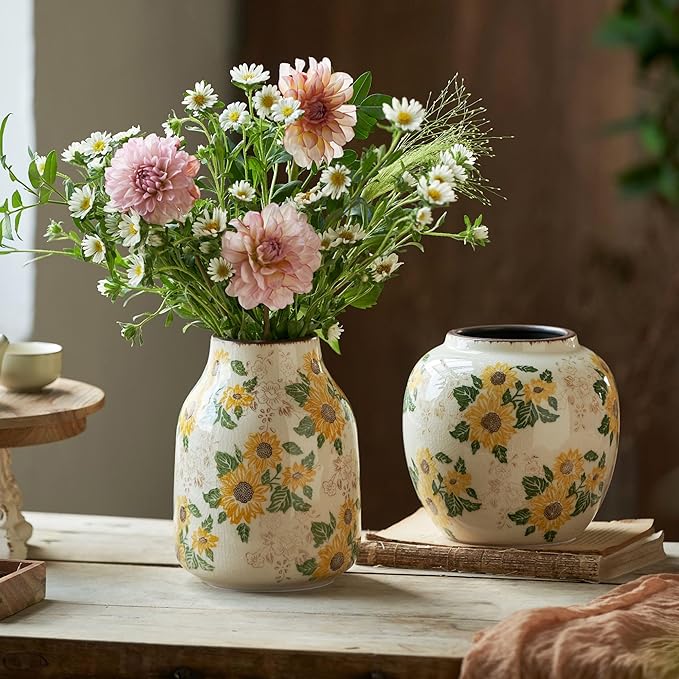Levvohd Vintage Ceramic Vase, 7.7 Inch Yellow and Beige Sunflower Floral Modern Flower Vases for Home Decor Aesthetic Living Room Bookshelf Office Tuscan Decorations (Conical)