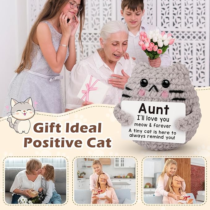 Aunt Gift Birthday Gifts for Aunt from Niece Nephew Emotional Support Crochet Cat Gifts for Auntie Small Cute Stuff Things Handmade Positive Crochet Christmas Stocking Stuffers