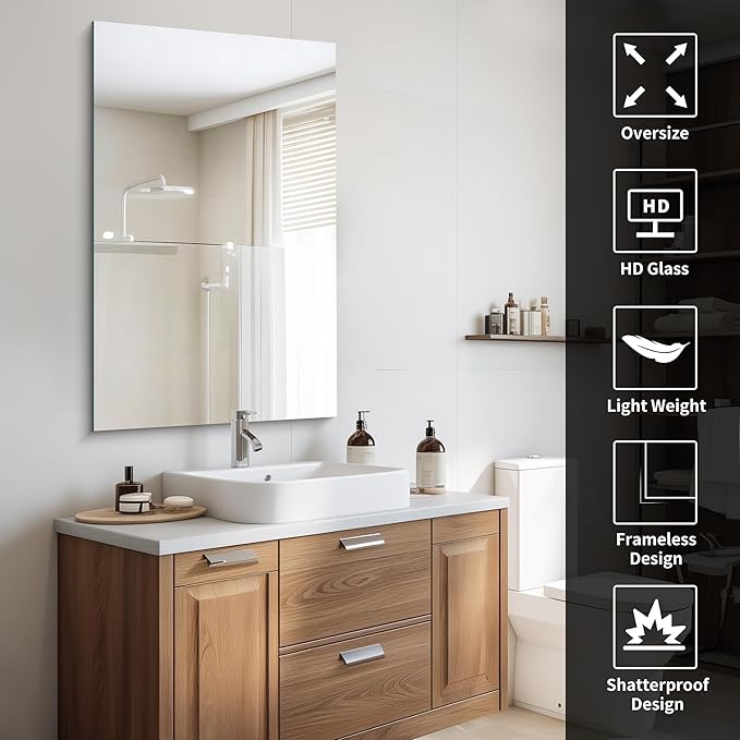 Frameless Mirror, 24x40 Inch Rectangle Bathroom Mirrors for Wall, Upgraded Shatterproof Large Vanity Mirror Over Sink with Polished Edge for Bathroom, Bedroom, Living Room and Entryway