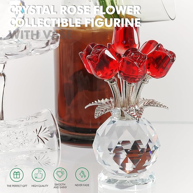 Crystal Red Rose Flower Collectible Figurine with Base Glass Rose Figurine Decor Paperweight Gift for Women Mom