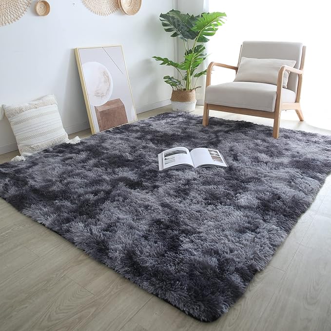 Fluffy Rug 8x10 for Living Room - Large Grey Plush Shag Area Rugs for Bedroom - Modern Non-Slip Soft Shaggy Floor Carpet for Home Dorm Kids Room (Black and Grey)