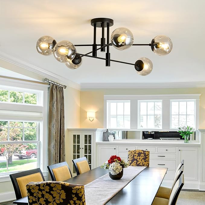 SZXYKEJI 6-Lights Glass Globe Sputnik Chandelier Modern Flush Mount Ceiling Light Fixture Black Farmhouse Lighting for Dining Room Living Room Bedroom Kitchen Passageway.
