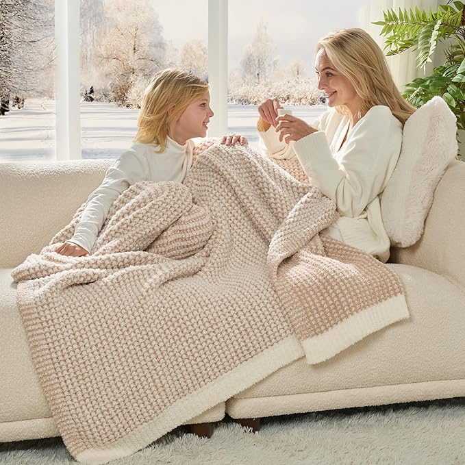 Snuggle Sac Cream Waffle Blanket for Couch Bed Sofa 60x80 inches, Reversible Beige Soft Throw Microfiber Fluffy Fuzzy Cozy Knit Twin Blanket for Women Mothers Birthday Gifts
