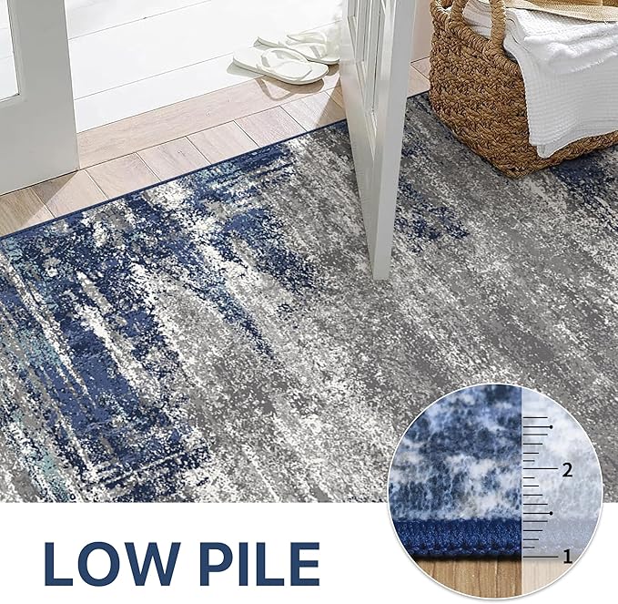 Area Rugs 5x7 for Living Room Bedroom, Modern Abstract Machine Washable Rug, Large Soft Low Pile Floor Cover with Non Slip Backing for Dining Room, Navy Blue Gray