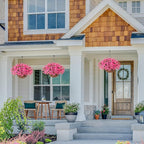 Artificial Faux Hanging Plants Flowers Basket for Outdoors Outside Spring Summer Decoration, Silk Pink Morning Glory in Planter UV Resistant Look Real Fake Flowers for Porch Patio Balcony Home Yard