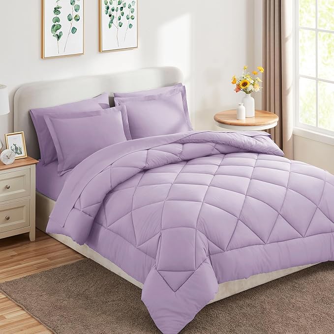 CozyLux Queen Comforter Set Light Purple - Bed in a Bag Queen Size 7 Pieces, Luxury Soft Lavender Bed Set for All Seasons, Bedding Set with Down Alternative Comforter, Sheets, Pillowcases & Shams